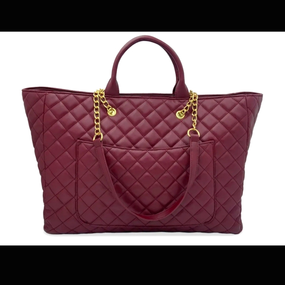 Gilda Paris Large Quilted Burgandy Tote with Luggage Sleeve. Perfect for Travel